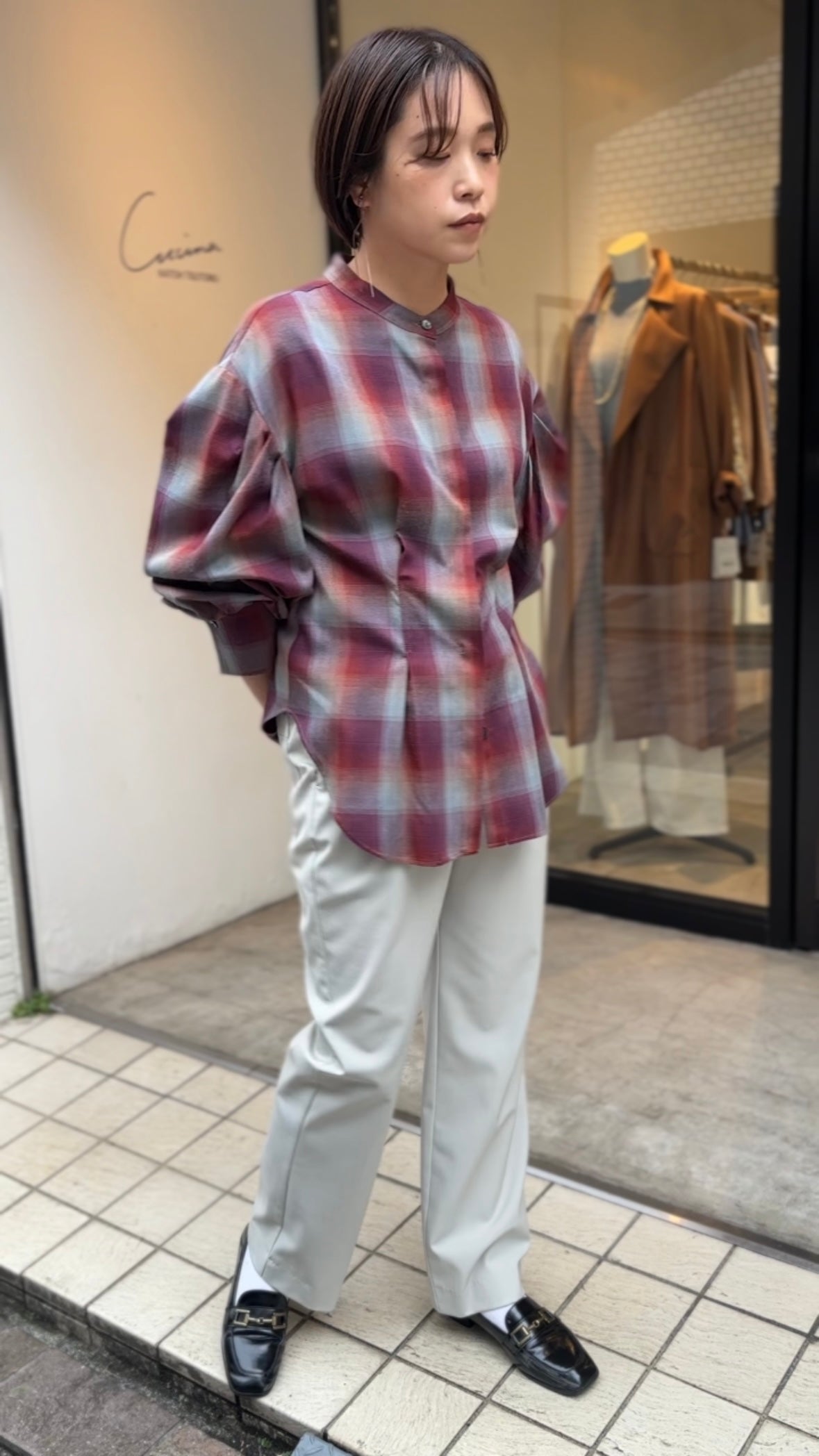 マドラスチェックボリュームブラウス(レッド)
