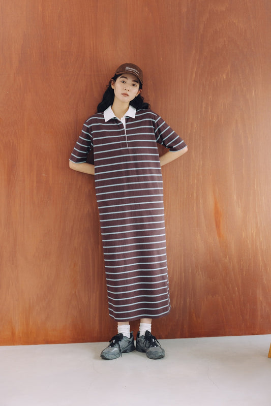 【4月20日 発売】コットンボーダーポロワンピース（ブラウン）